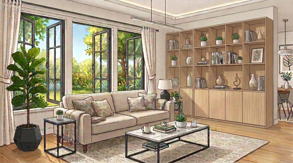 Remove wall artwork and plant before cabinet