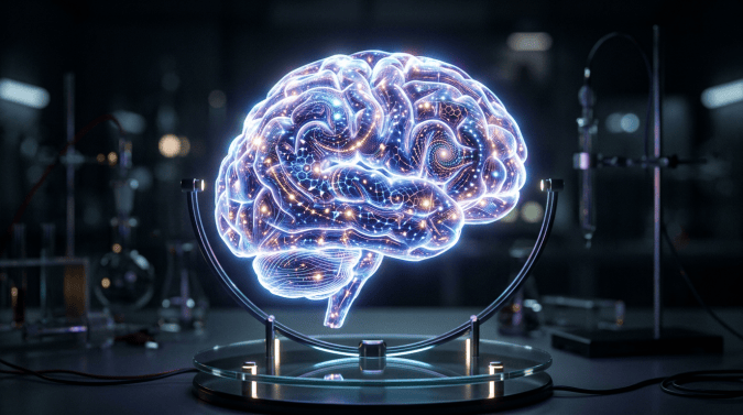 Glowing brain with geometric spirals and light patterns