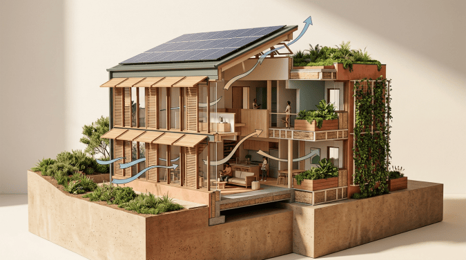Cutaway sustainable home with solar panels, ventilation arrows, and rooftop gardens