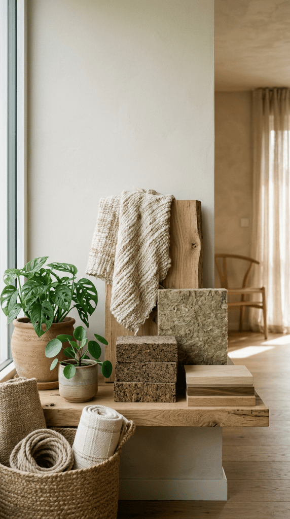 Plants, woven textiles, wood samples, and baskets arranged in a warm interior