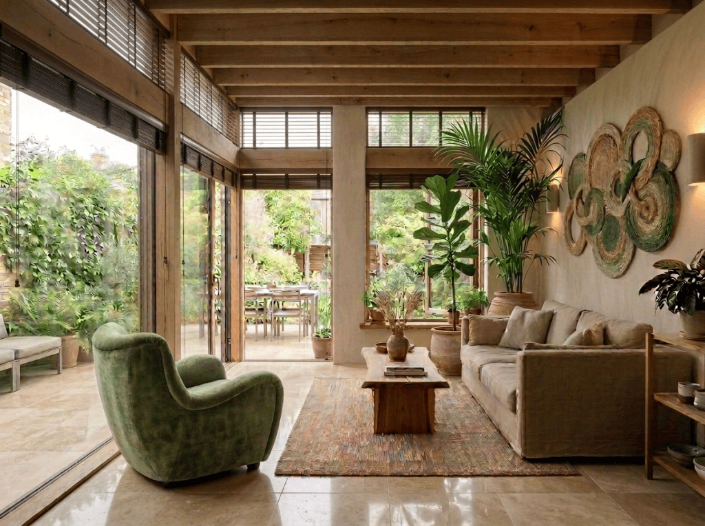 Plant-filled living room with large windows opening onto a garden