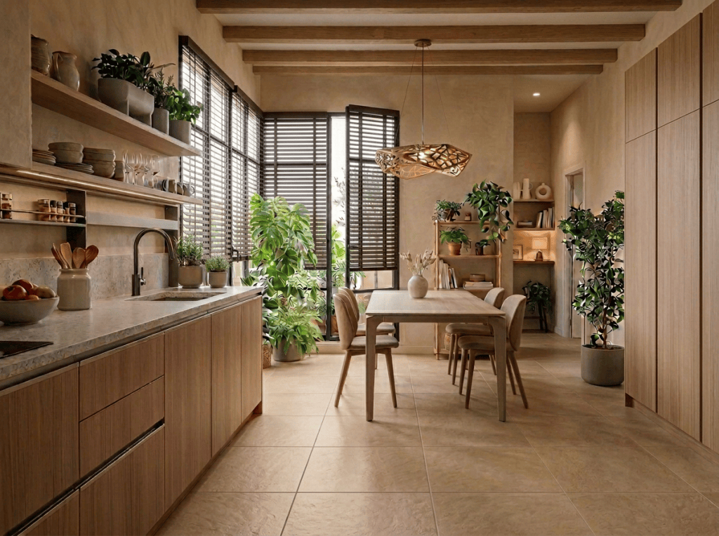 Modern kitchen with dark wooden shutters