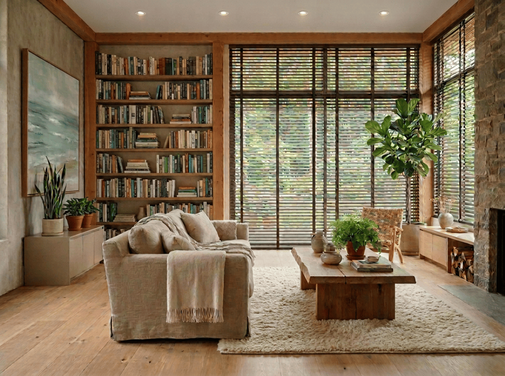 Cozy living room with plants, fireplace, and garden views