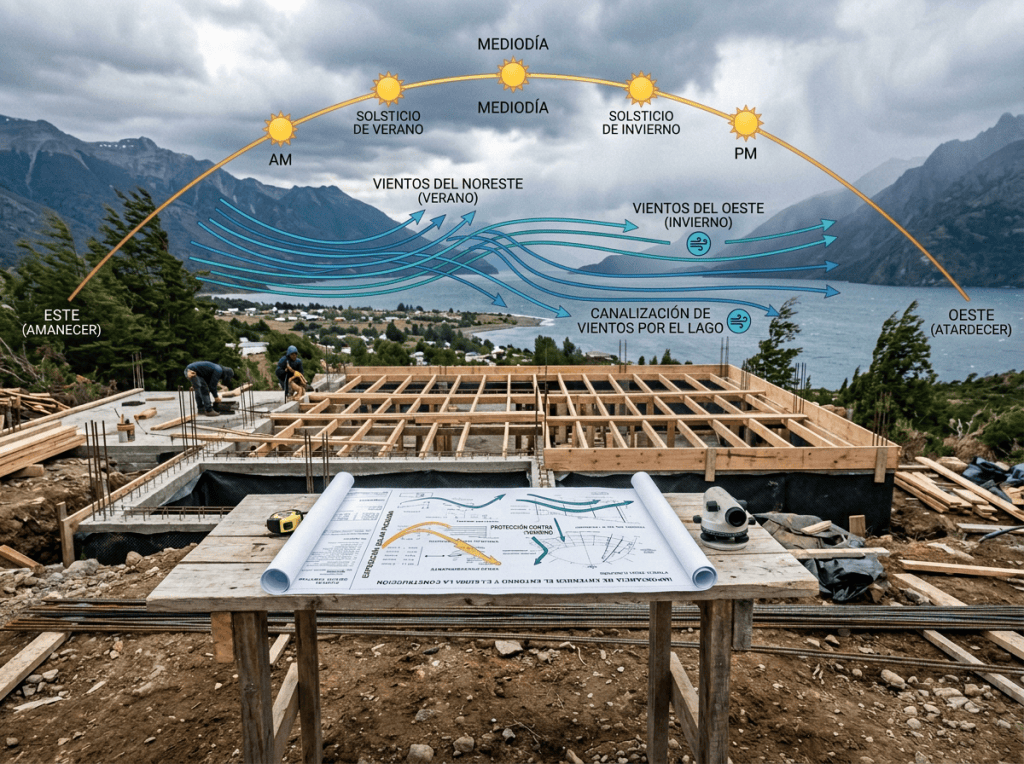 Construction site beside a lake with diagrams labeled MEDIODÍA, SOLSTICIO DE VERANO, SOLSTICIO DE INVIERNO, AM, PM, ESTE (AMANECER), OESTE (ATARDECER), VIENTOS DEL NORESTE (VERANO), VIENTOS DEL OESTE (INVIERNO), and CANALIZACIÓN DE VIENTOS POR EL LAGO.