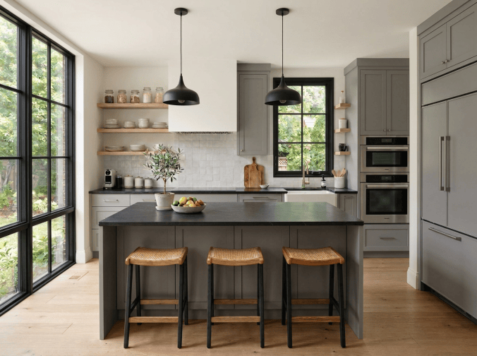 Gray upper and lower kitchen cabinets