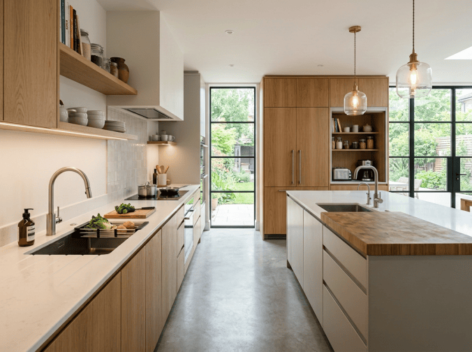 Modern kitchen with wood cabinets, island, pendant lights, and garden views
