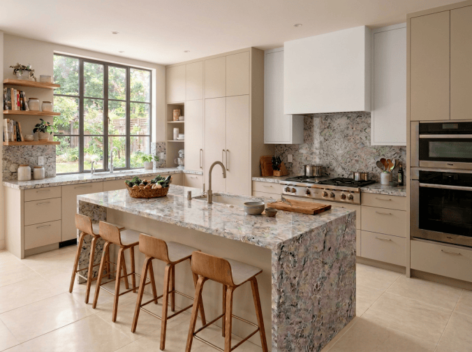 Bright contemporary kitchen with wood cabinetry, island, stools, and garden views