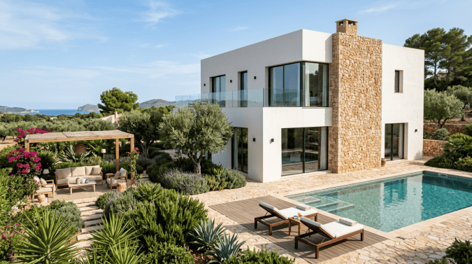 Modern white villa with stone chimney, pool, garden, and sea views