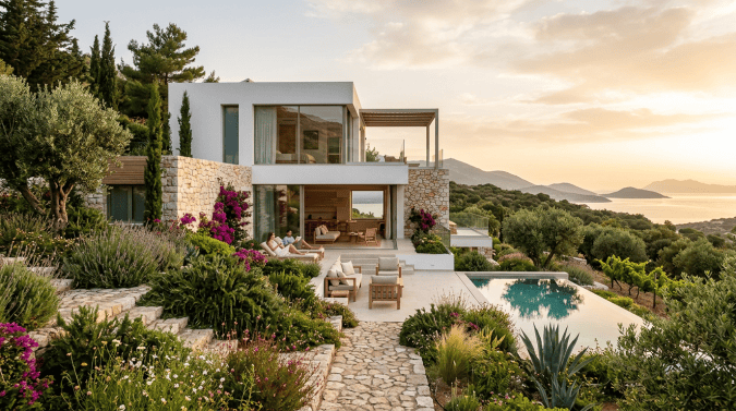 Modern villa with pool overlooking a sunlit coastal landscape
