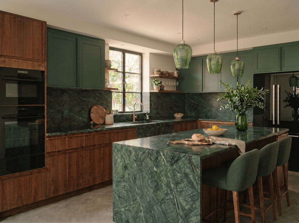 Contemporary kitchen with walnut cabinets, green island, and garden views
