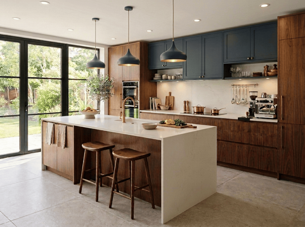 Modern kitchen with blue cabinets, walnut cabinetry, island, stools, and garden views