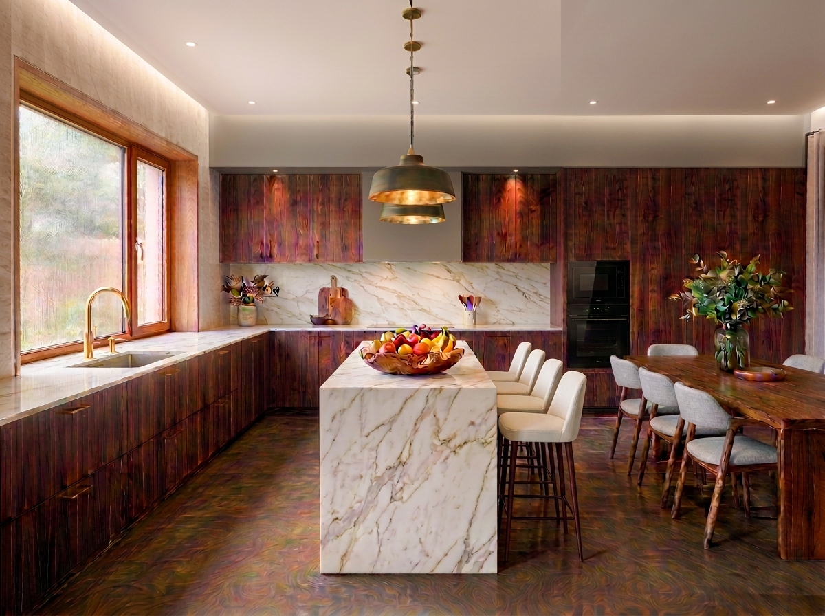 Warm Minimalist Kitchen Interior Design Modern kitchen with wood cabinets, marble island, dining table, and garden view